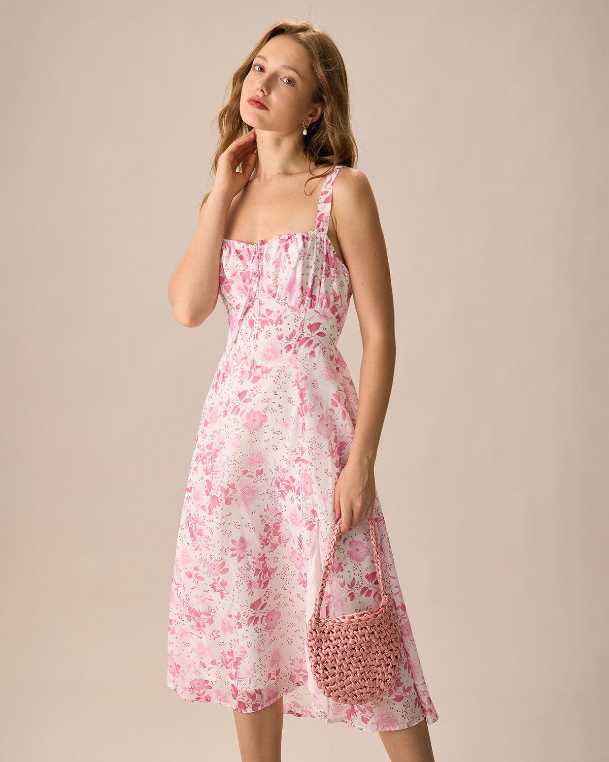 The Pink Square Neck Floral Ruched Midi Dress Product Image