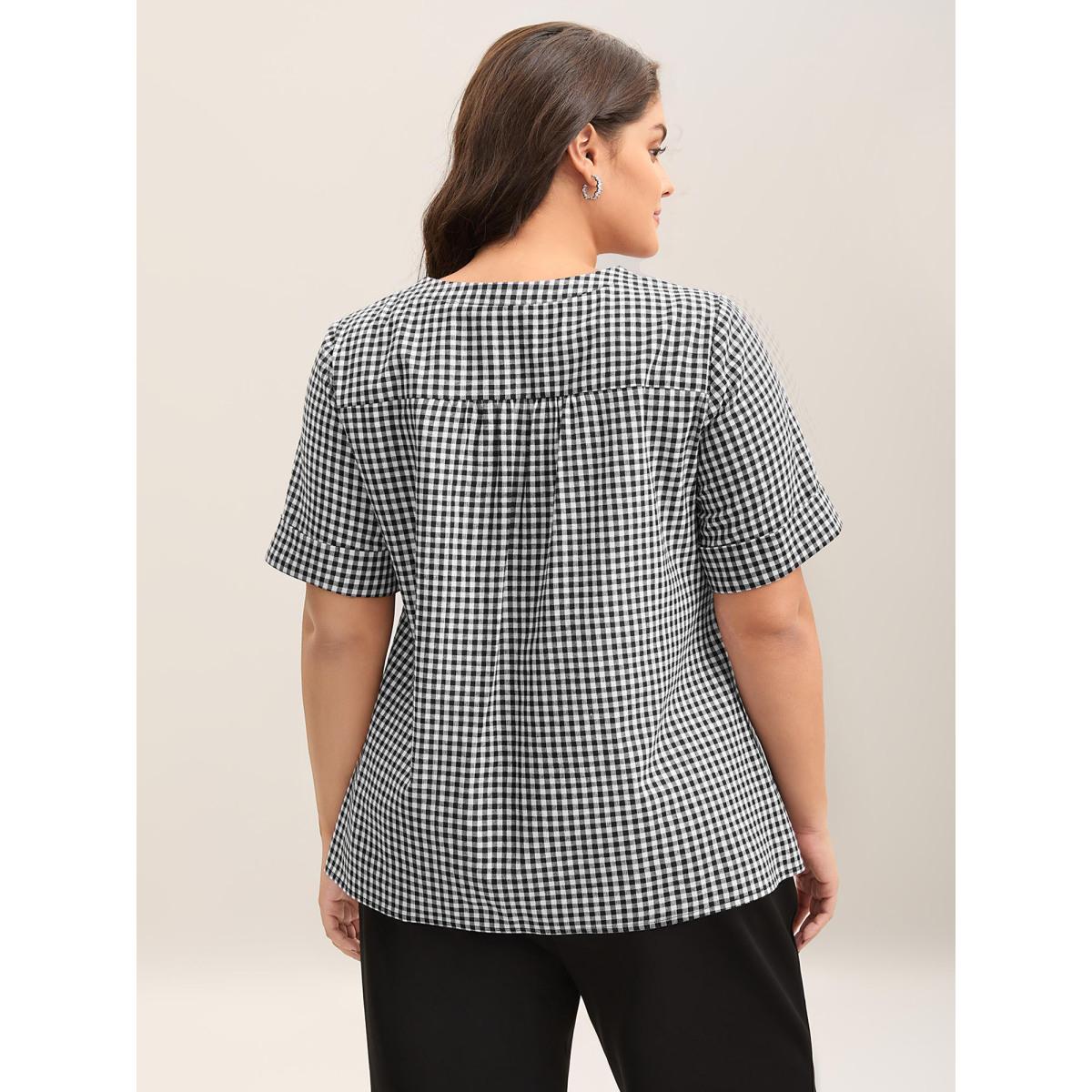 Plus Size Black Plaid Print Notched Collar Pleated Blouse Women At the Office Short sleeve V-neck Work Blouses BloomChic 14-16/1X Product Image