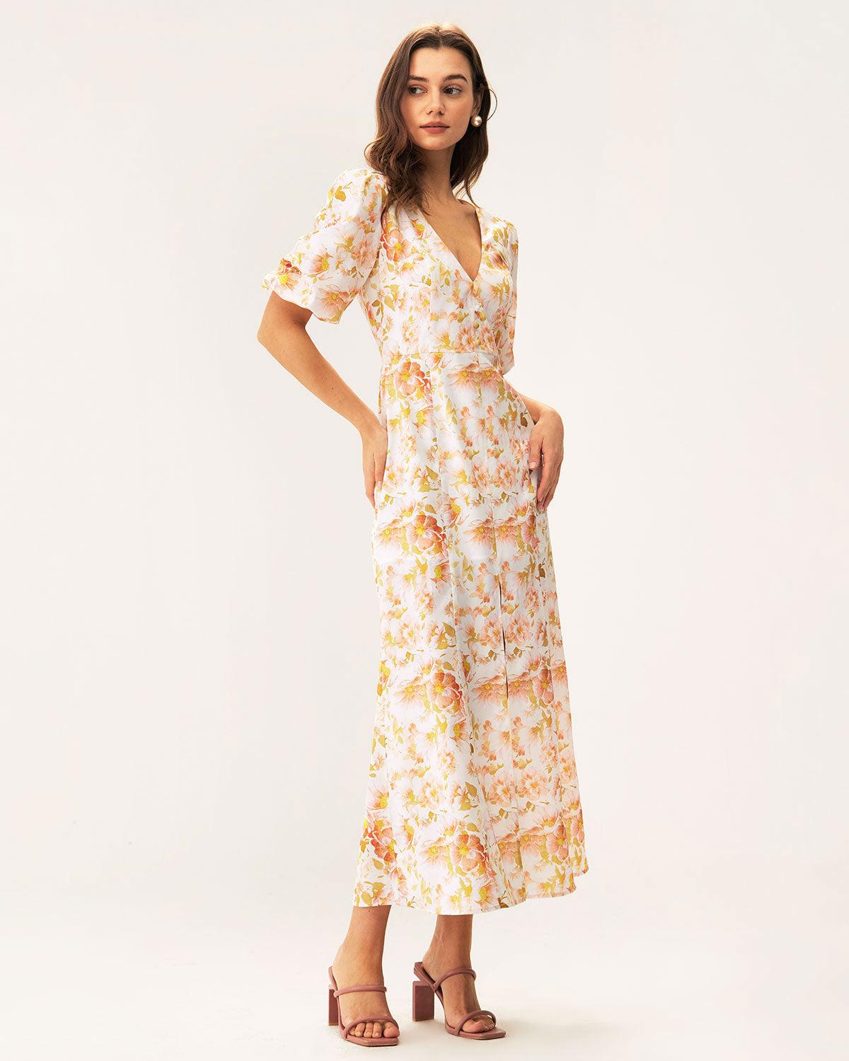 Orange Floral V-Neck Puffed Sleeve Maxi Dress Product Image