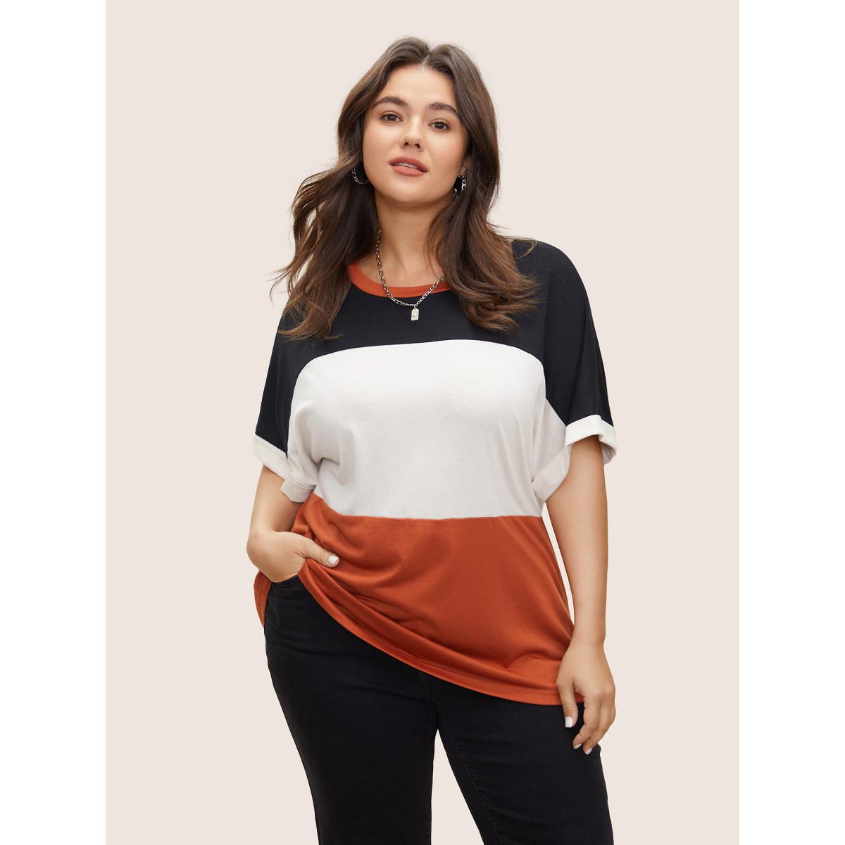 Plus Size Colorblock Contrast Cuffed Sleeve T-shirt Multicolor Women Casual Contrast Plain Round Neck Everyday T-shirts BloomChic 30/6X Product Image