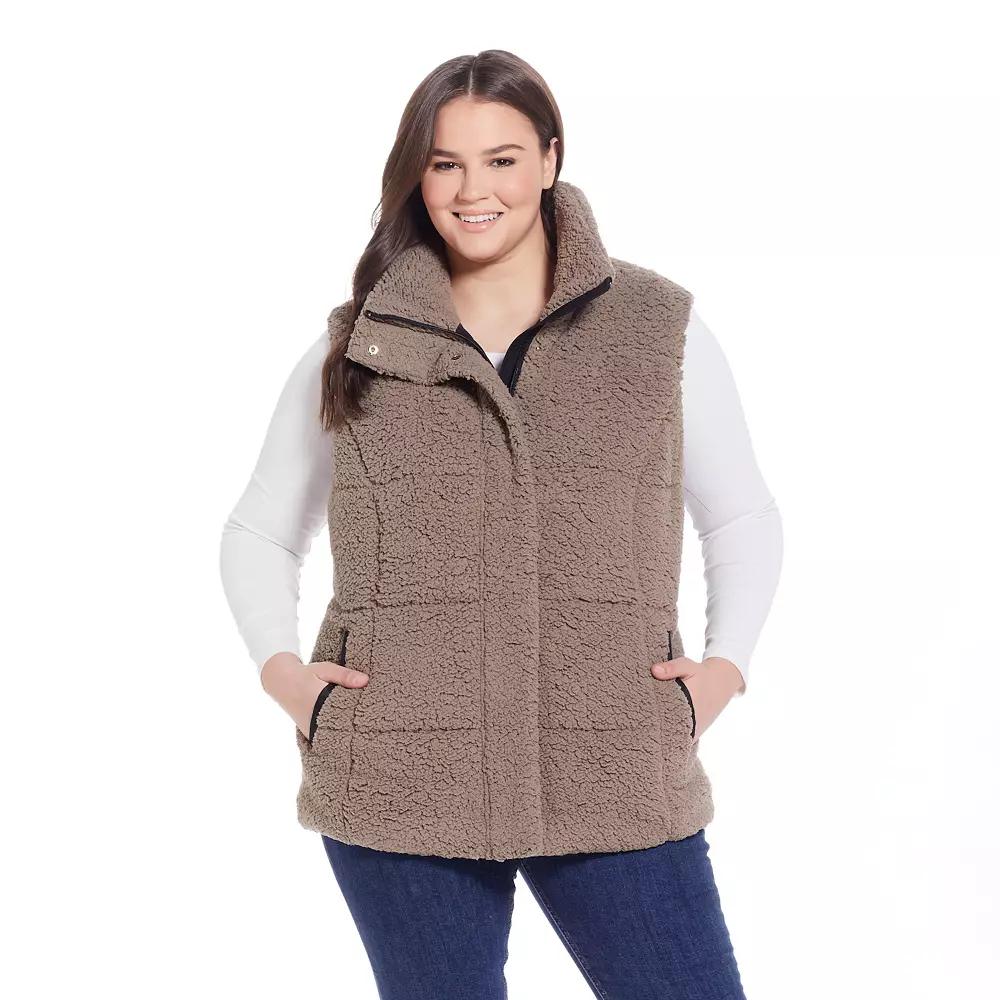 Plus Size Weathercast Sherpa Puffer Vest, Women's, Size: 1XL, Cream Black Product Image
