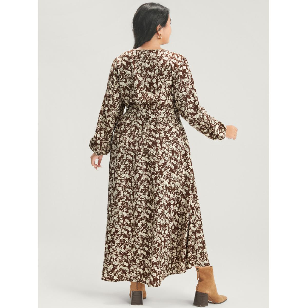 Plus Size Floral Pocket Lantern Sleeve Belted Split Hem Dress DarkBrown Women Elegant Belted Round Neck Long Sleeve Curvy Long Dress BloomChic 22-24/3X Product Image