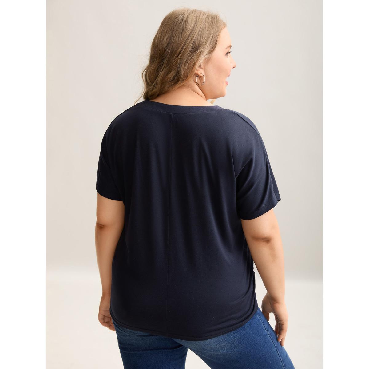 Plus Size Stretchy Striped Button Front T-Shirt Indigo Women Casual Contrast V-neck Everyday T-shirts BloomChic 26/4X Product Image