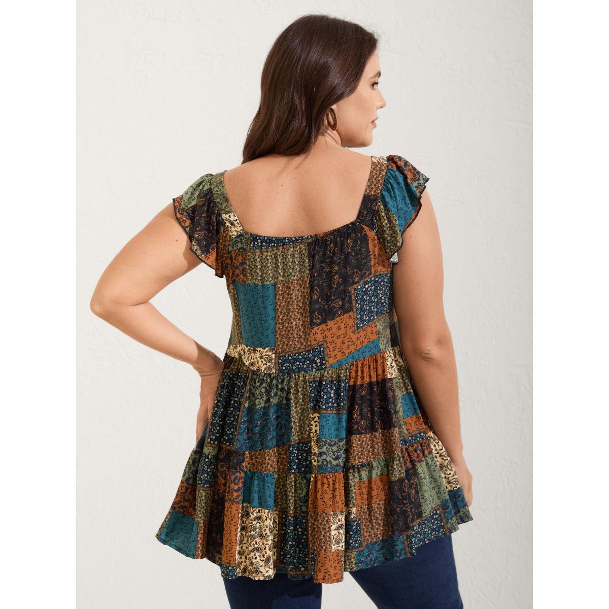 Plus Size Floral Collage Print Layered Tank Top Women Multicolor Boho Gathered Square Neck Vacation Tank Tops Camis BloomChic 22-24/3X Product Image