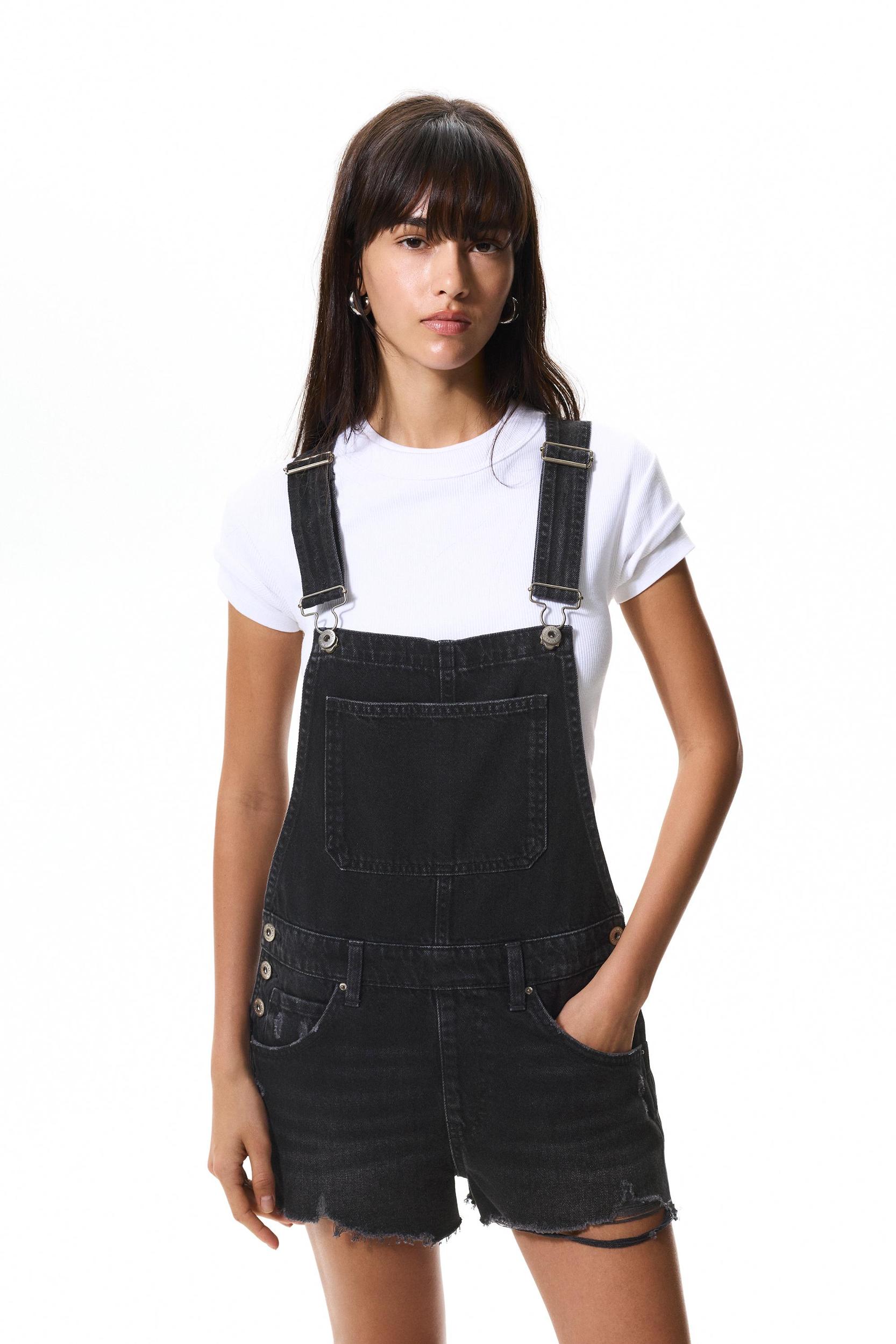 Ripped short denim overalls Product Image