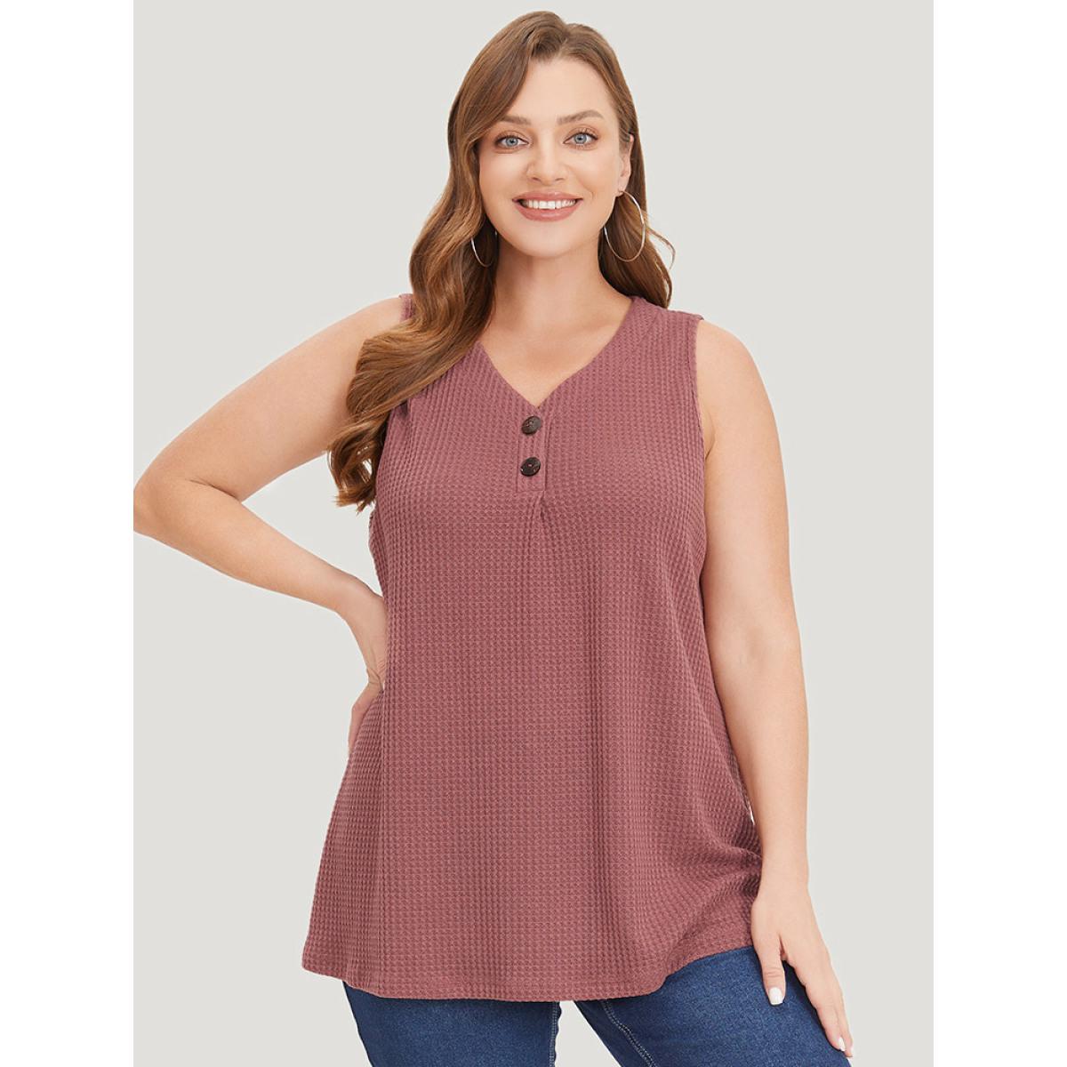 Plus Size Waffle Knit Button Detail Plicated Detail Tank Top Women DustyPink Casual V-neck Dailywear Tank Tops Camis BloomChic 30/6X Product Image