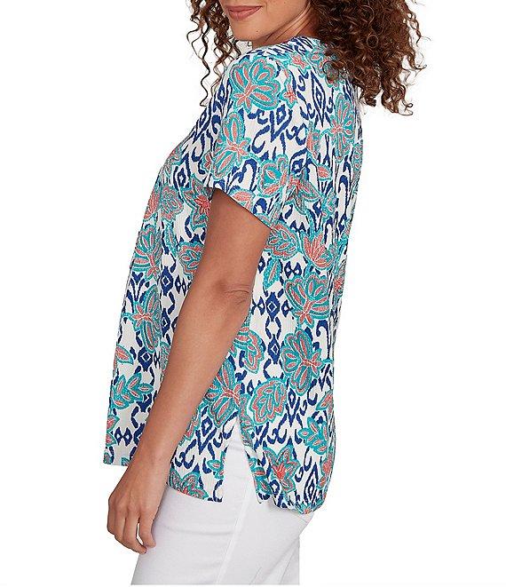 Ruby Rd. Petite Size Embroidered Knit Printed Split V-Neck Short Sleeve Top Product Image