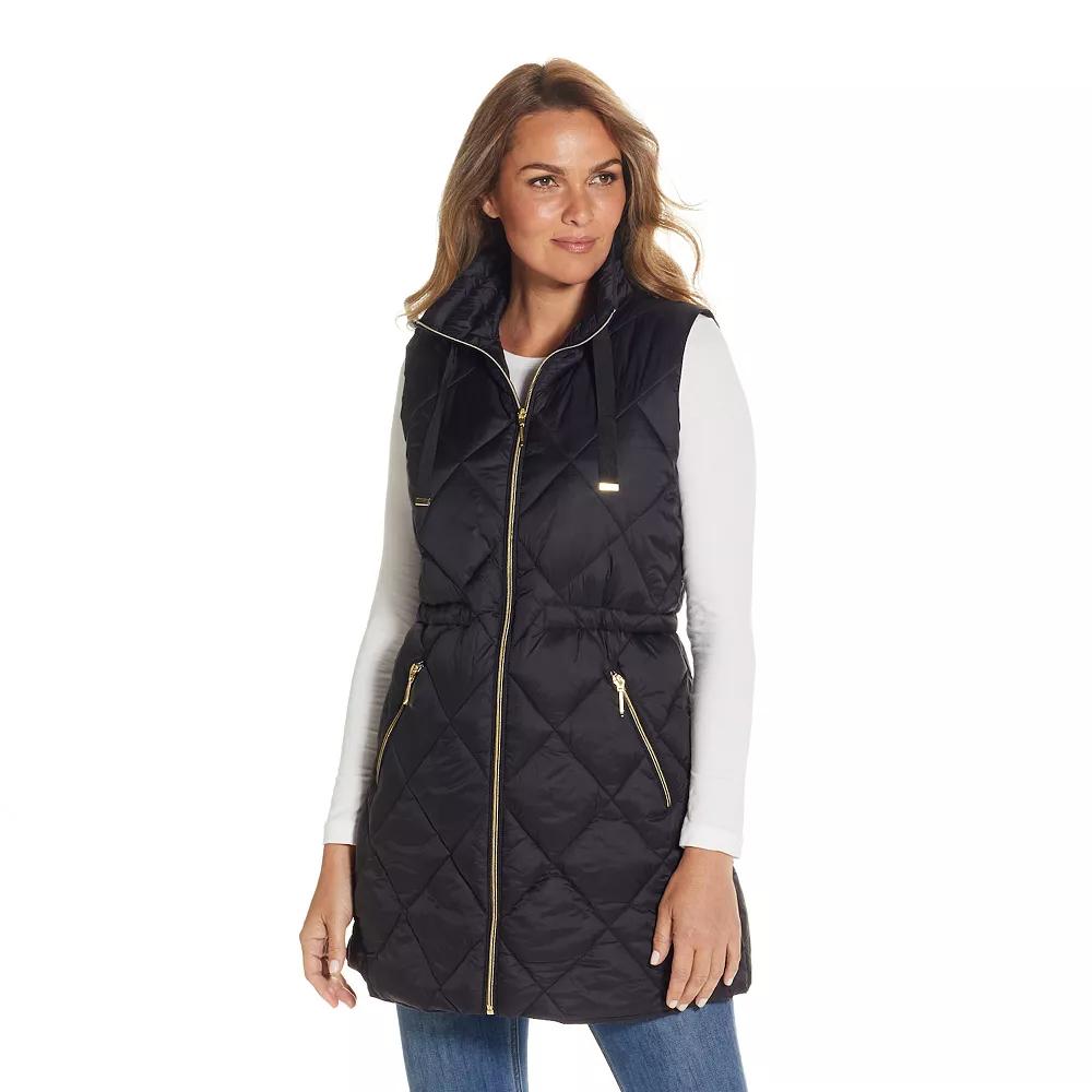 Women's Weathercast Diamond Quilted Puffer Longline Vest with Cinched Waist, Size: Small, Black Product Image