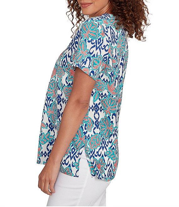 Ruby Rd. Embroidered Knit Printed Split V-Neck Short Sleeve Top Product Image
