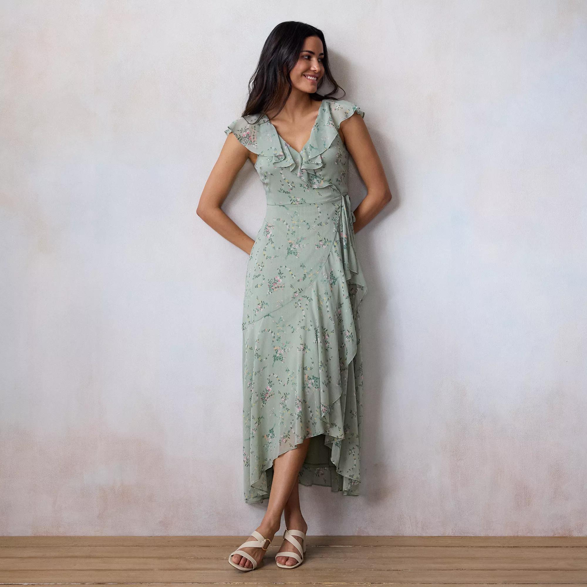 Petite LC Lauren Conrad Flutter Ruffle Wrap Maxi Dress, Women's, Size: Medium Petite, Green Fleurs Astrid Product Image