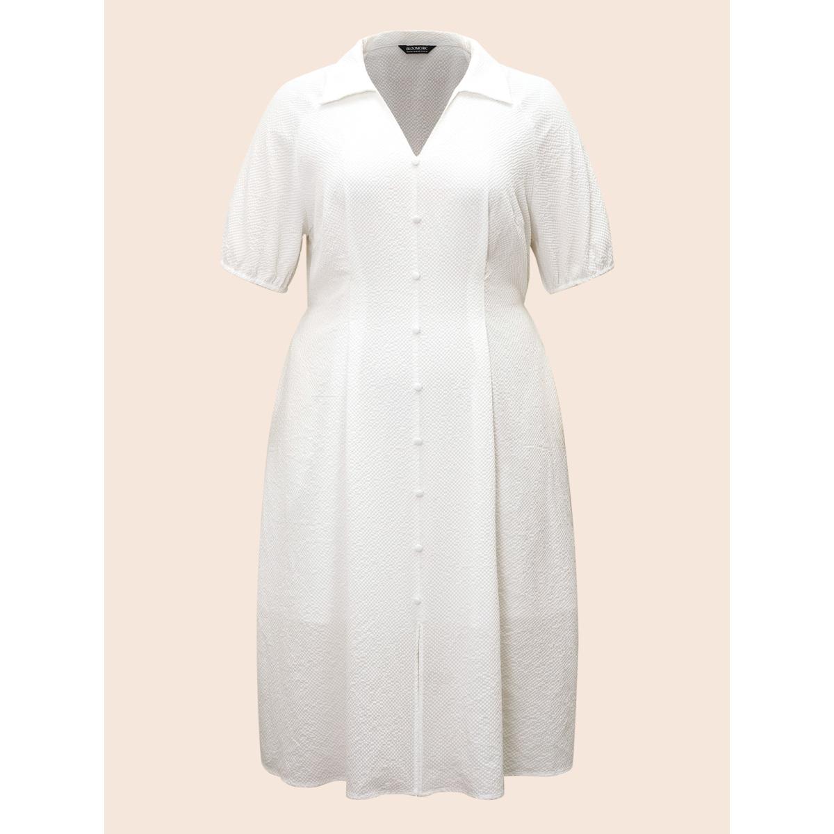 Plus Size Texture Shirt Collar Button Detail Split Front Dress Ivory Women At the Office Texture Shirt collar Half Sleeve Curvy BloomChic 28/5X Product Image
