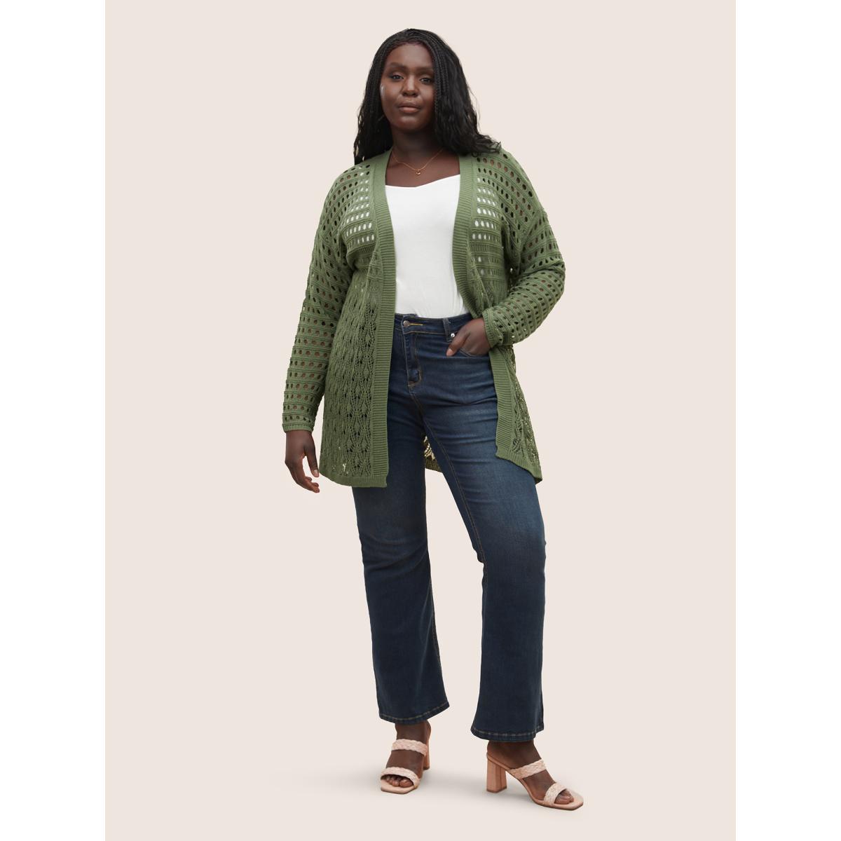 Plus Size Plain Texture Cut Out Open Front Cardigan Moss Women Everyday Casual Cover Ups Bloomchic 12/L Product Image