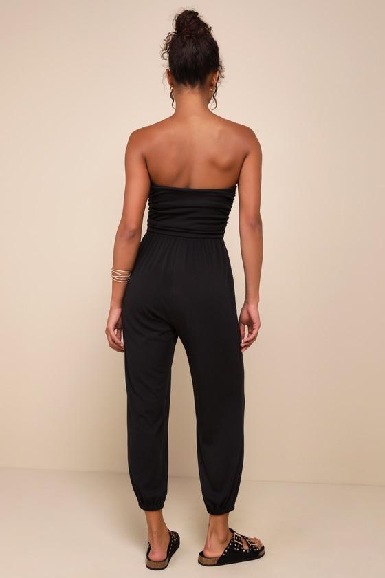 Flawless Comfort Black Ruched Strapless Jogger Jumpsuit Product Image