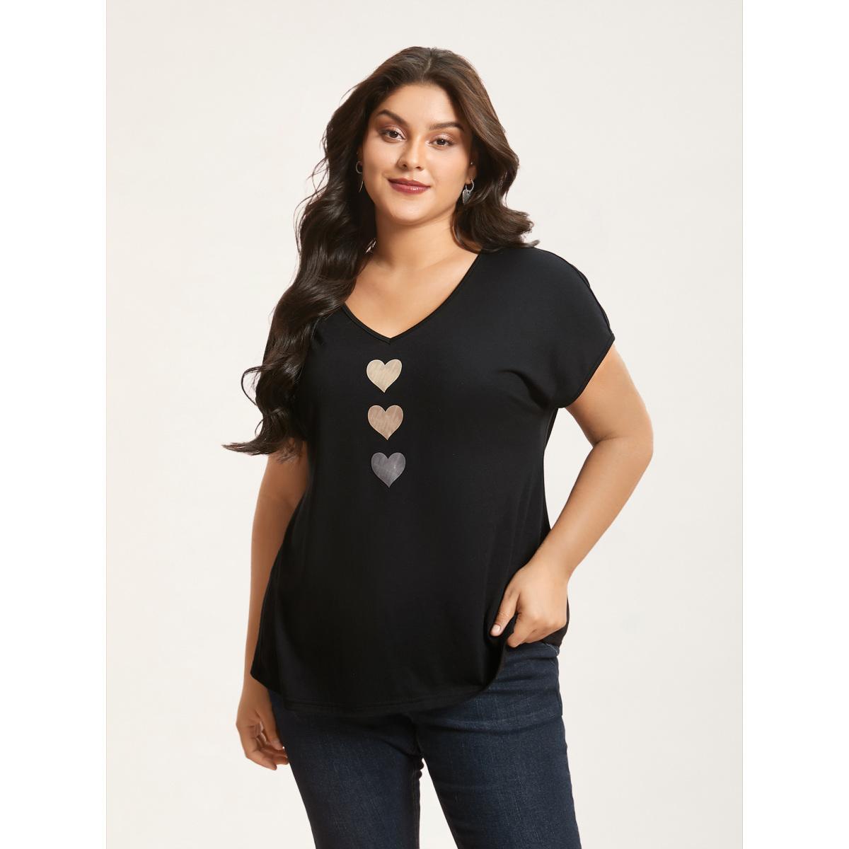 Plus Size Heart Print Stretchy Dolman Sleeve T-Shirt Black Women Leisure Non V-neck Casual T-shirts BloomChic 14-16/1X Product Image
