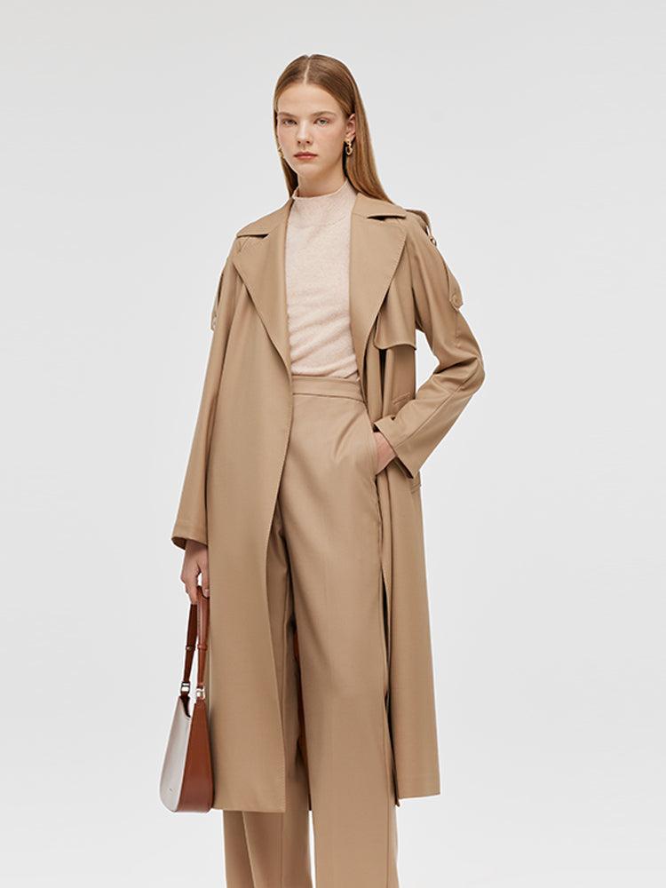 Worsted Wool Lapel Women Trench Coat With Belt Product Image