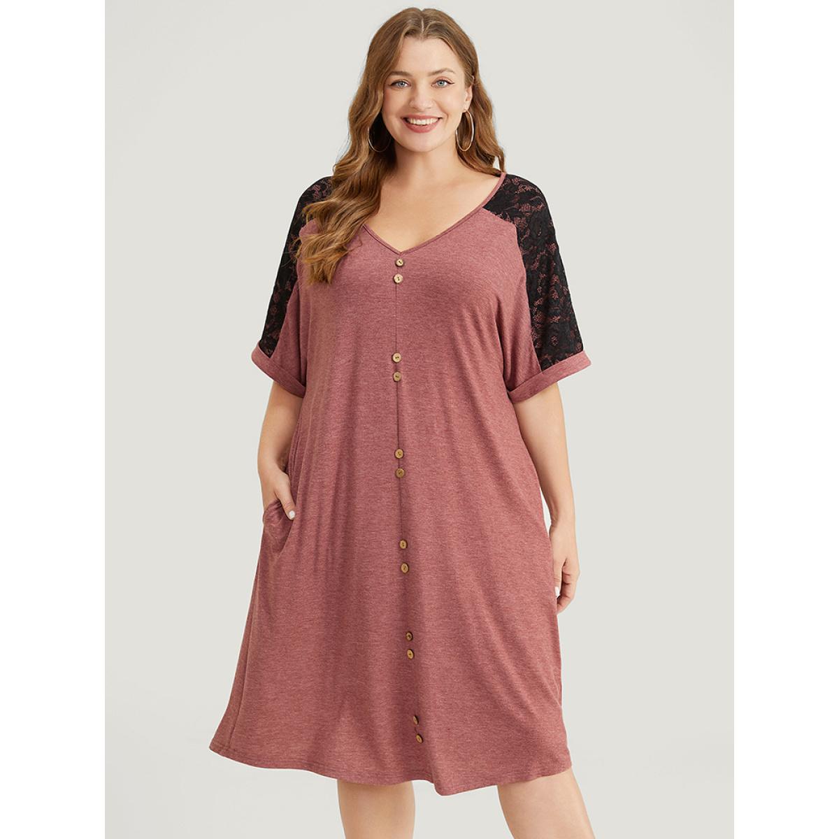 Plus Size Plain Lace Patchwork Button Detail Pocket Dress DustyPink Women Casual Patchwork V-neck Short sleeve Curvy Knee Dress BloomChic 26/4X Product Image
