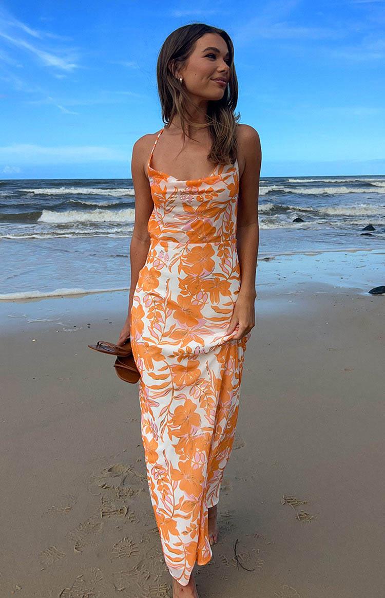 Cambri Orange Floral Chiffon Maxi Dress Product Image