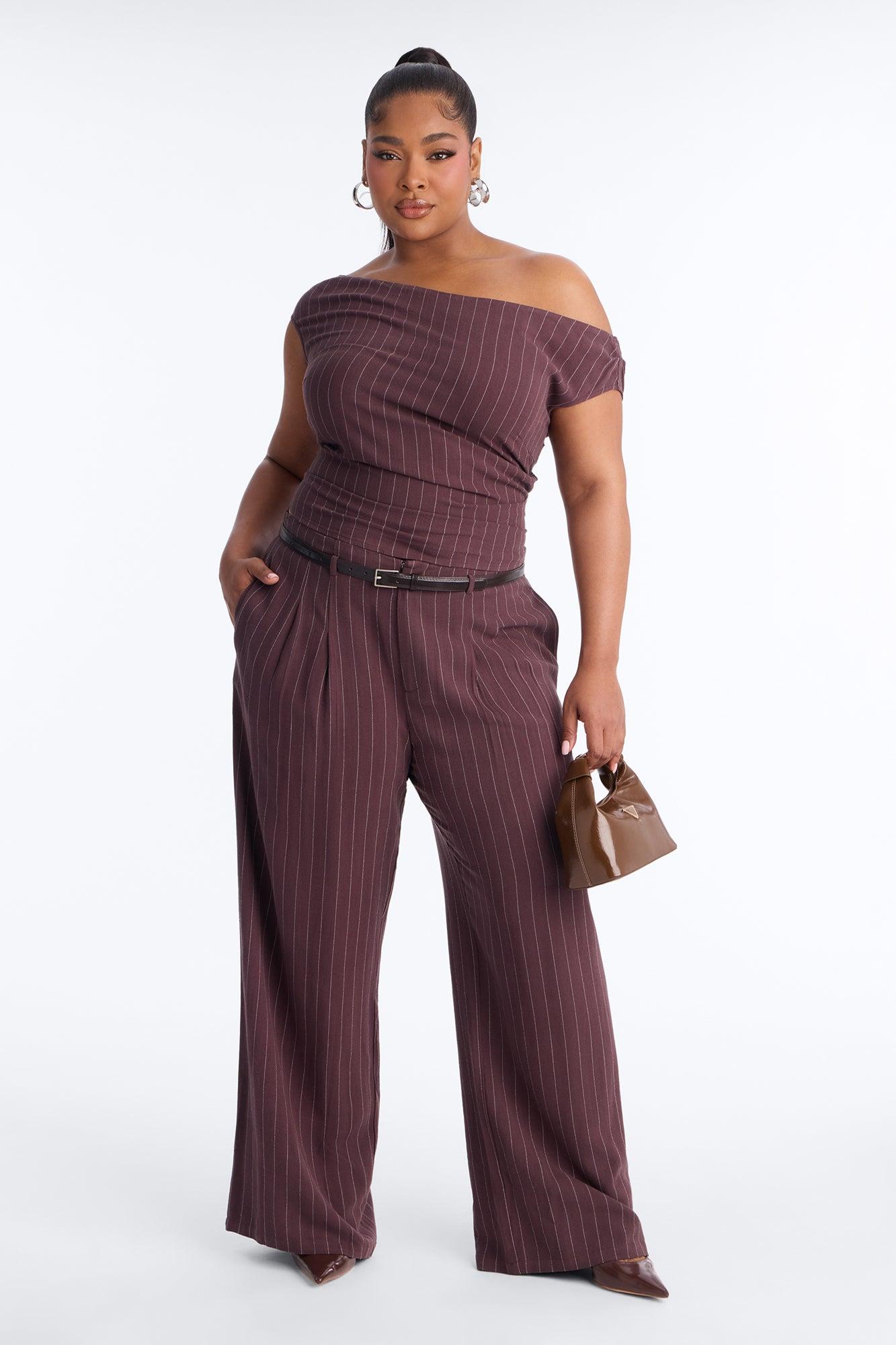 Marquez Linen Pinstripe Off Shoulder Pant Set - Brown Female Product Image