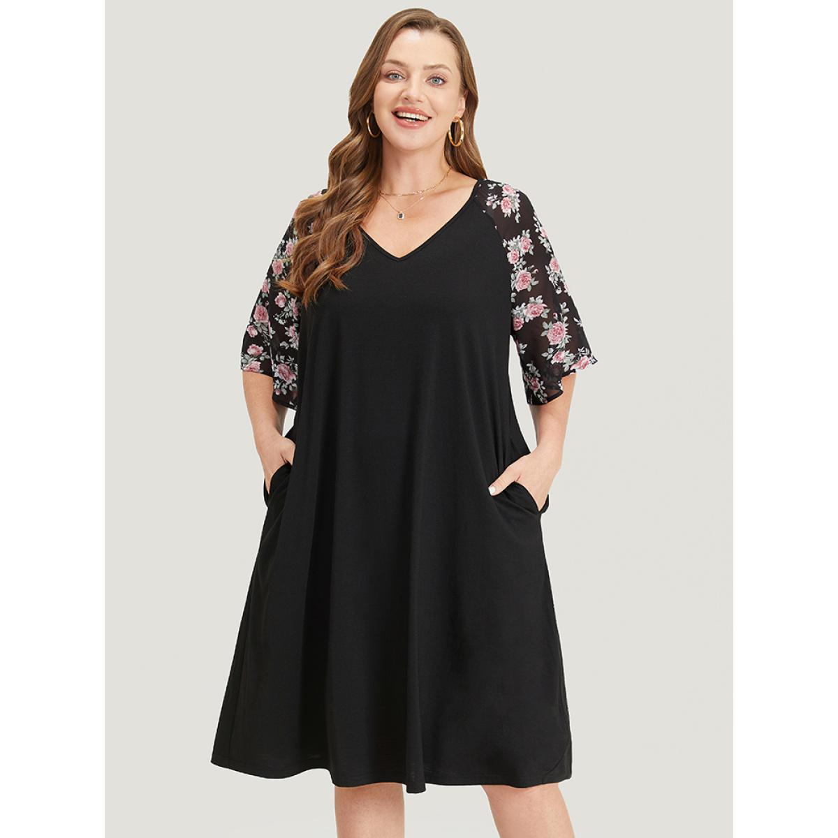Plus Size Supersoft Essentials Floral Pocket Raglan Sleeve Midi Dress Black Women Casual Plain V-neck Short sleeve Curvy Midi Dress BloomChic 12/L Product Image