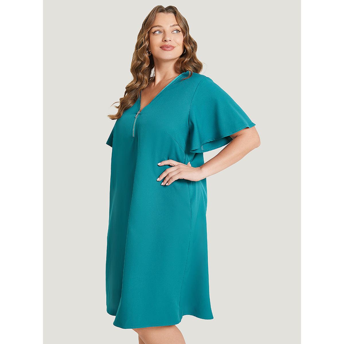 Plus Size Solid Ruffle Sleeve Half Zipper Pocket Dress Aegean Women Elegant Plain V-neck Short sleeve Curvy Knee Dress BloomChic 18-20/2X Product Image
