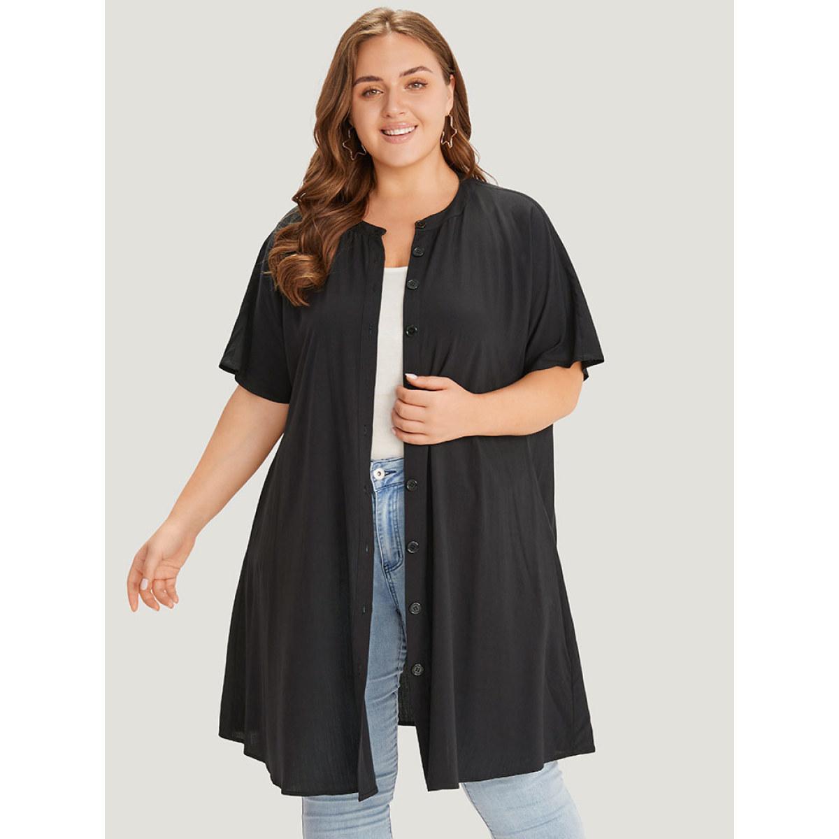 Plus Size Supersoft Essentials Plain Button Through Dolman Sleeve Ruffle Hem Kimono Women Black Casual Plain Pocket Dailywear Kimonos BloomChic 18-20/2X Product Image