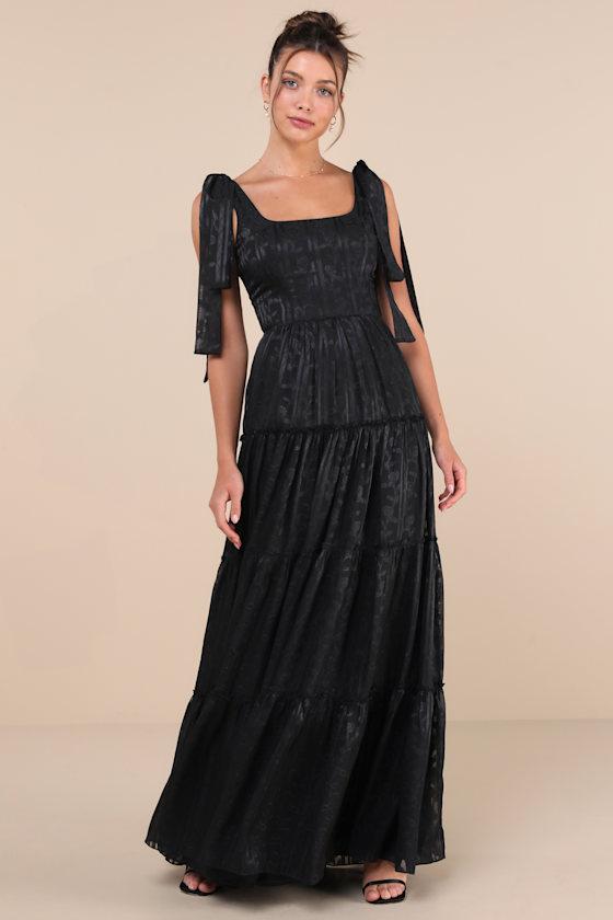 Picturesque Allure Black Jacquard Tie-Strap Maxi Dress Product Image