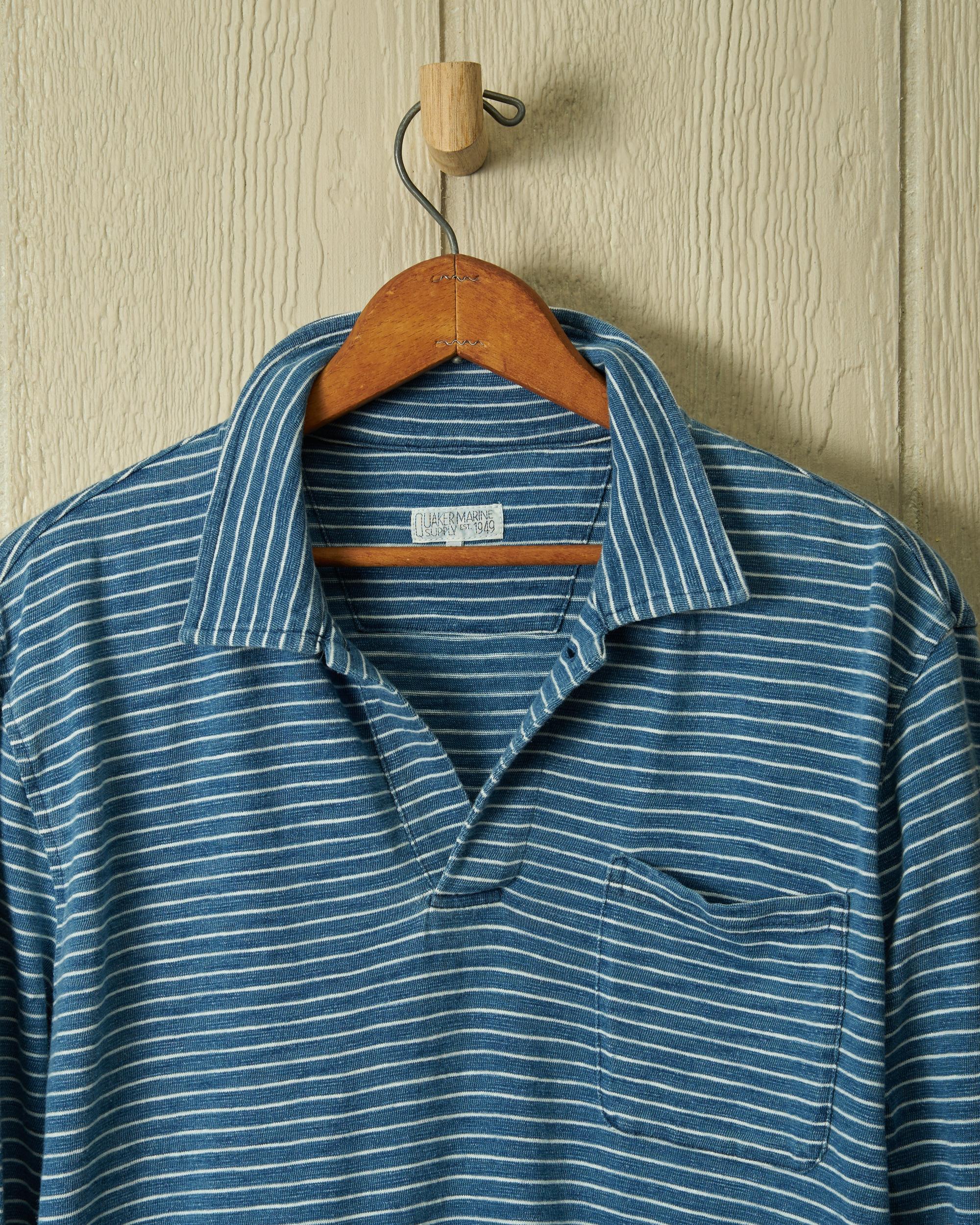 Long Sleeve Indigo Polo in Blue/White Slub Stripe Product Image