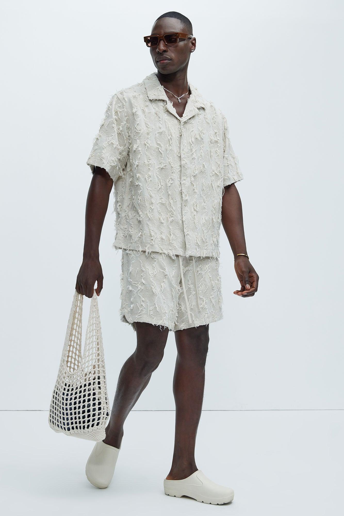 Frayed Jacquard Linen Shorts - Off White Product Image
