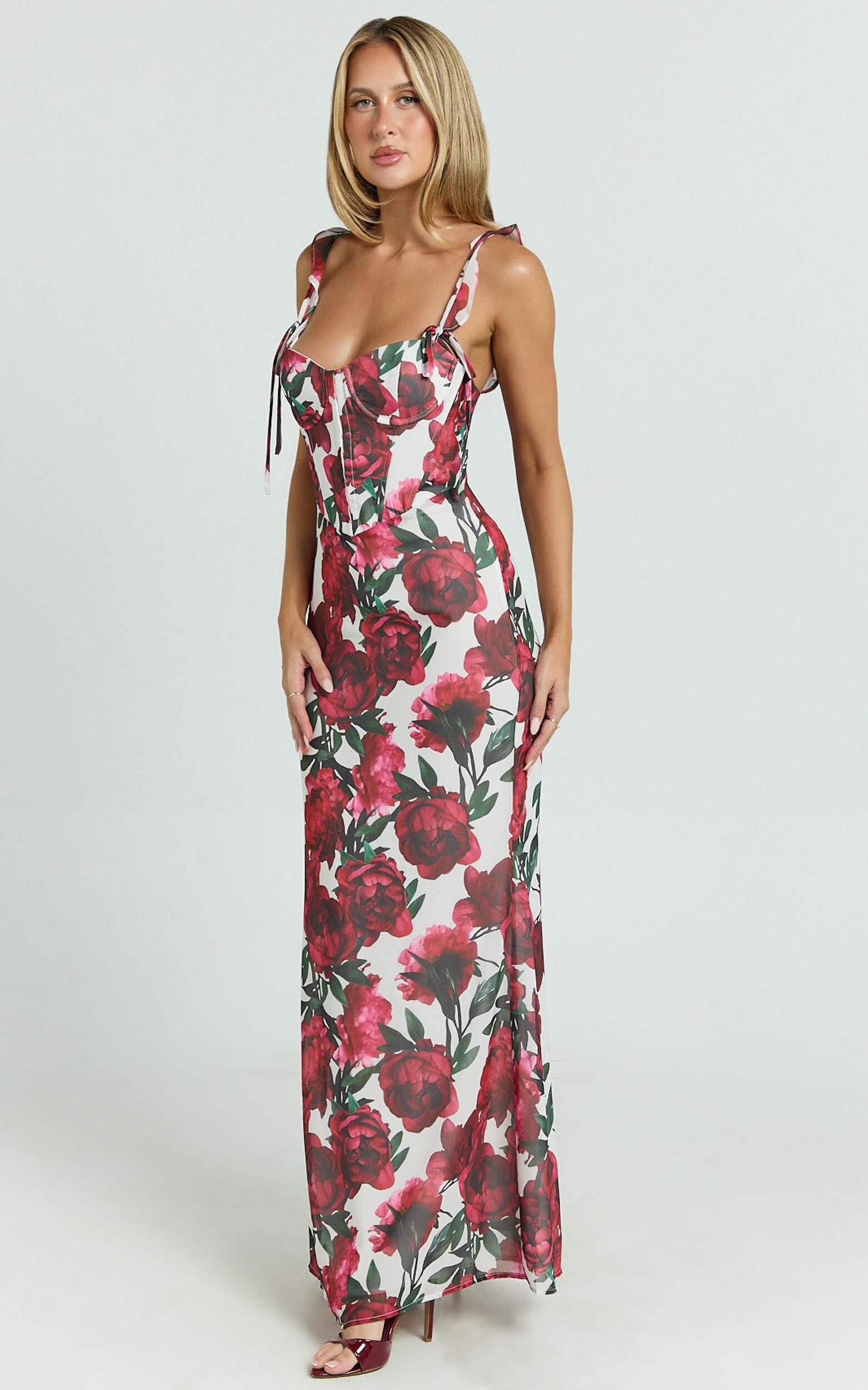 Mabel Maxi Dress - Georgette Frill Sleeve Sweetheart Bias Cut Dress in Rose Blanca Product Image