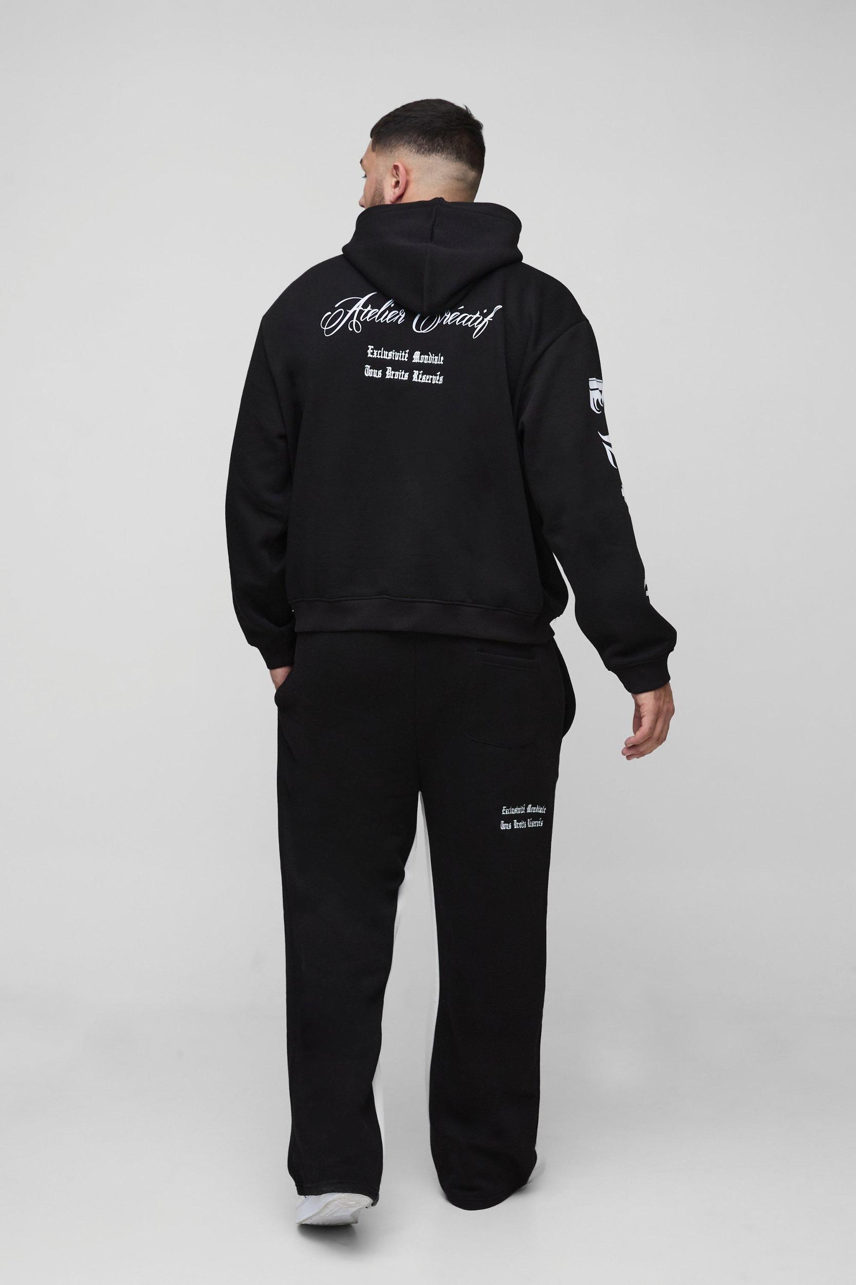 Plus Oversized Boxy Official Embroidery Hooded Relaxed Flare Tracksuit | boohooMAN USA Product Image