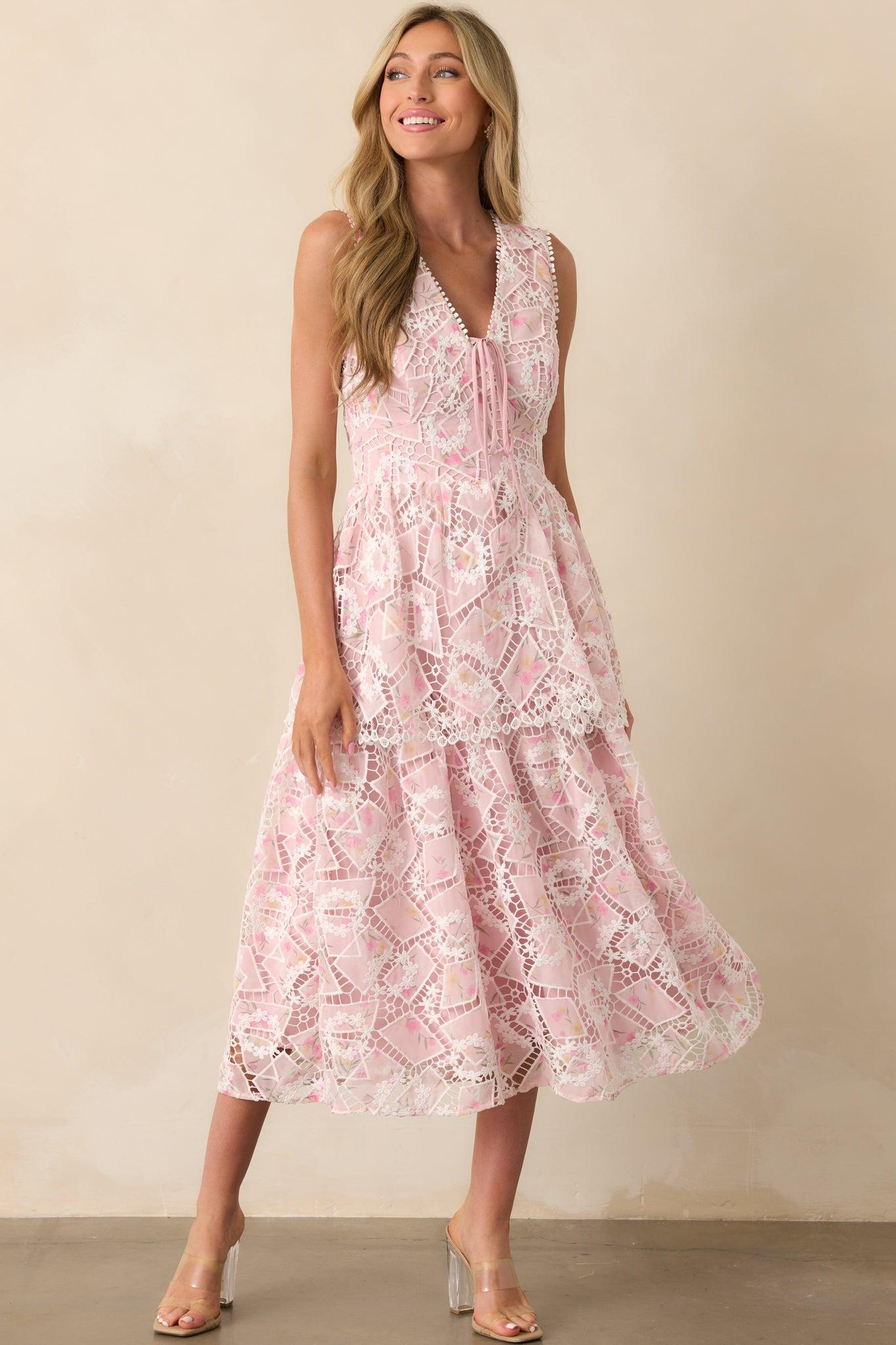 Something Nice Light Pink Floral Embroidered Midi Dress Product Image