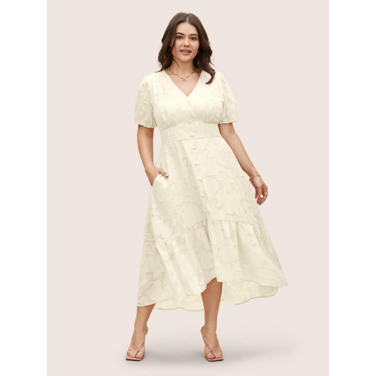 Plus Size Solid Textured Lantern Sleeve Button Detail Dress Beige Women Elegant Button V-neck Short sleeve Curvy BloomChic 18-20/2X Product Image