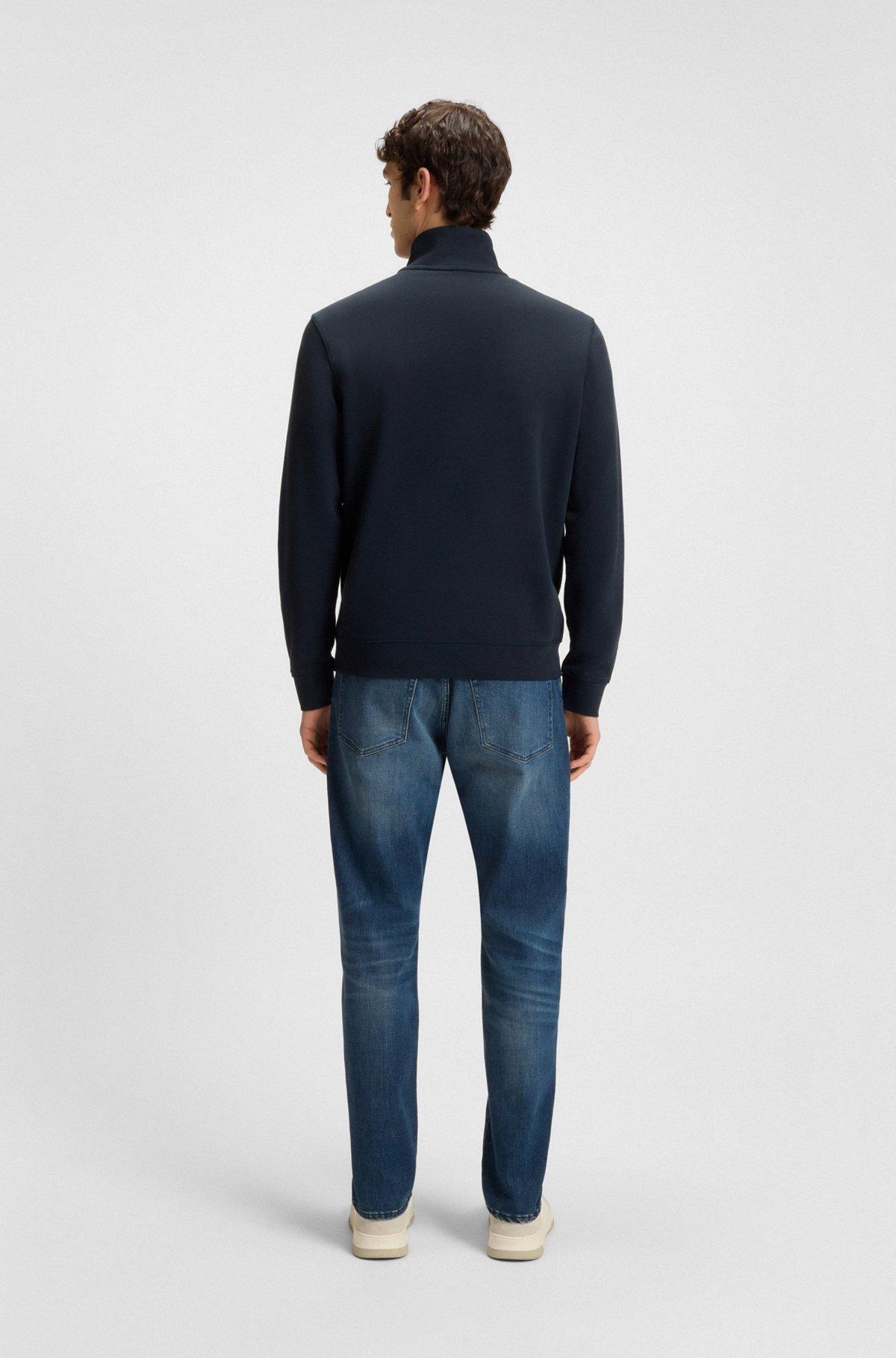 BOSS - Zip-neck sweatshirt in cotton terry with logo patch - Dark Blue Product Image