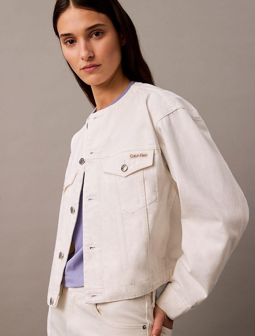 Cropped Collarless Denim Trucker Jacket Product Image