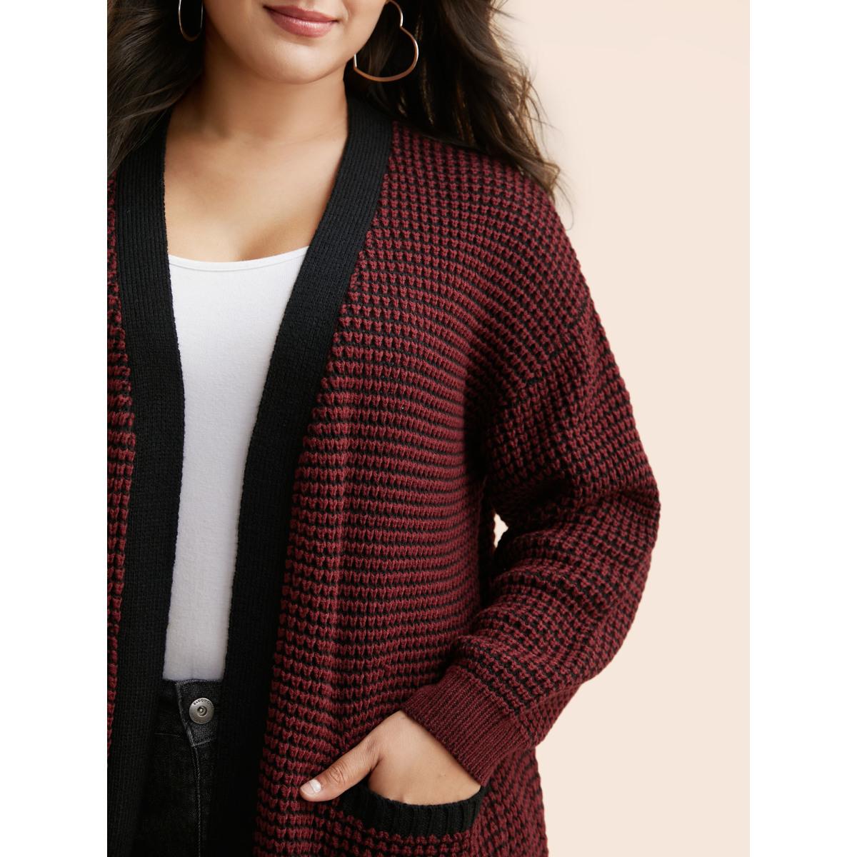 Plus Size Contrast Textured Drop Shoulder Sleeve Cardigan Burgundy Women Leisure Loose Long Sleeve Casual Cardigans BloomChic 22-24/3X Product Image