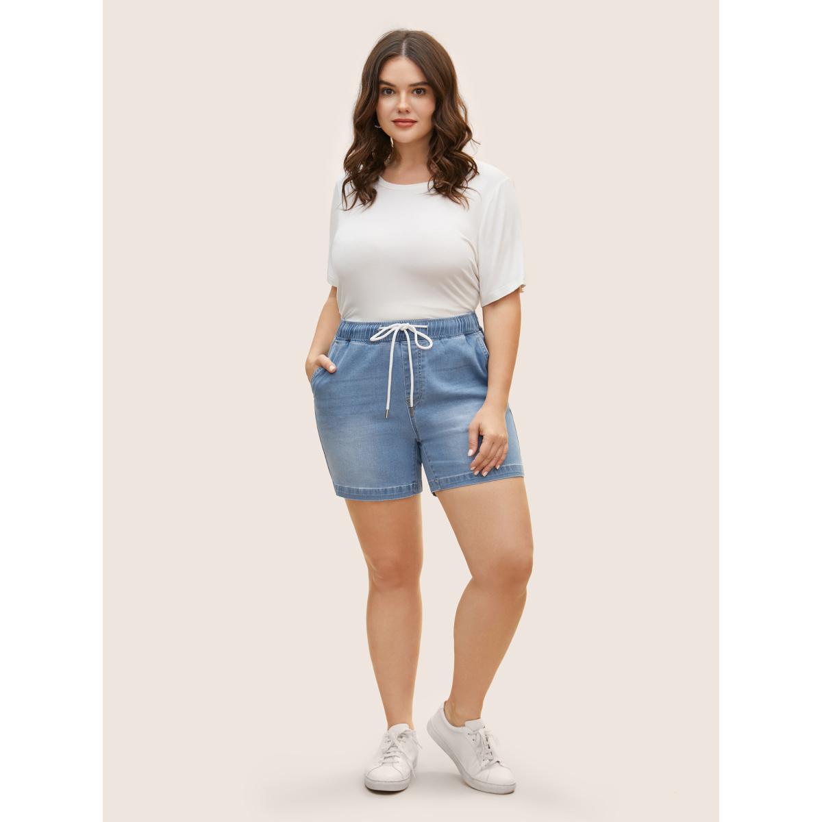 Plus Size Light Wash Elastic Waist Drawstring Denim Shorts Women Denimlightblue Drawstring Medium stretch Everyday Slanted pocket Casual Denim Shorts BloomChic 18/2X Product Image