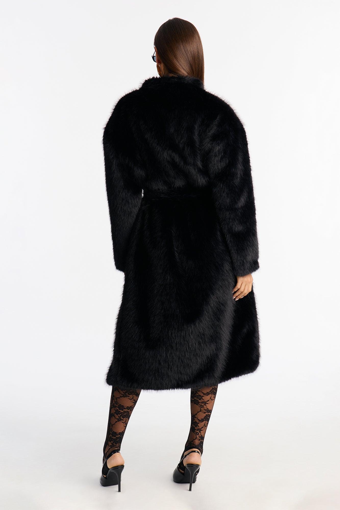 Helena Faux Fur Belted Coat - Black Female Product Image