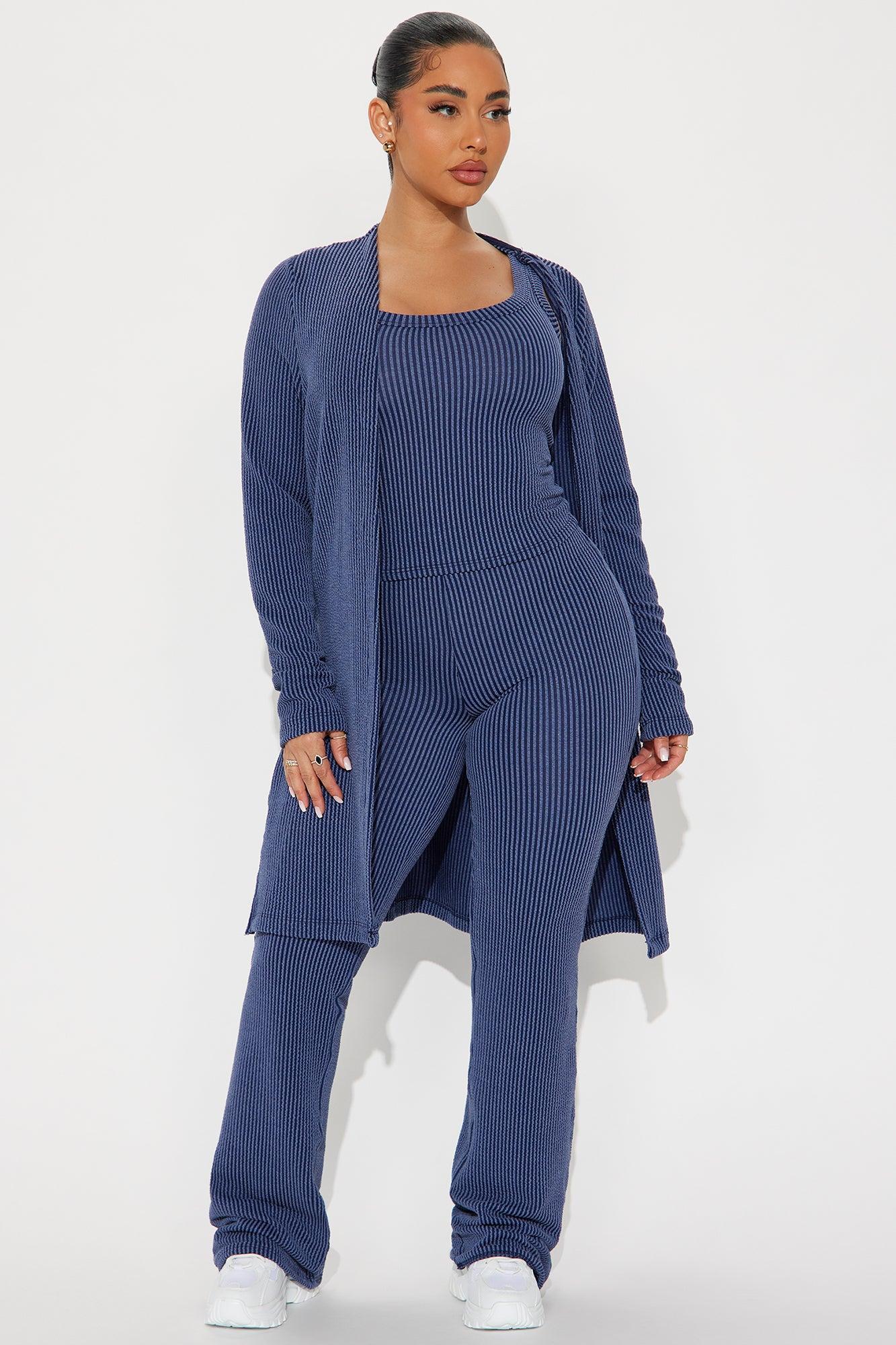Weekend Vibe Ribbed 3 Piece Pant Set - Navy Product Image