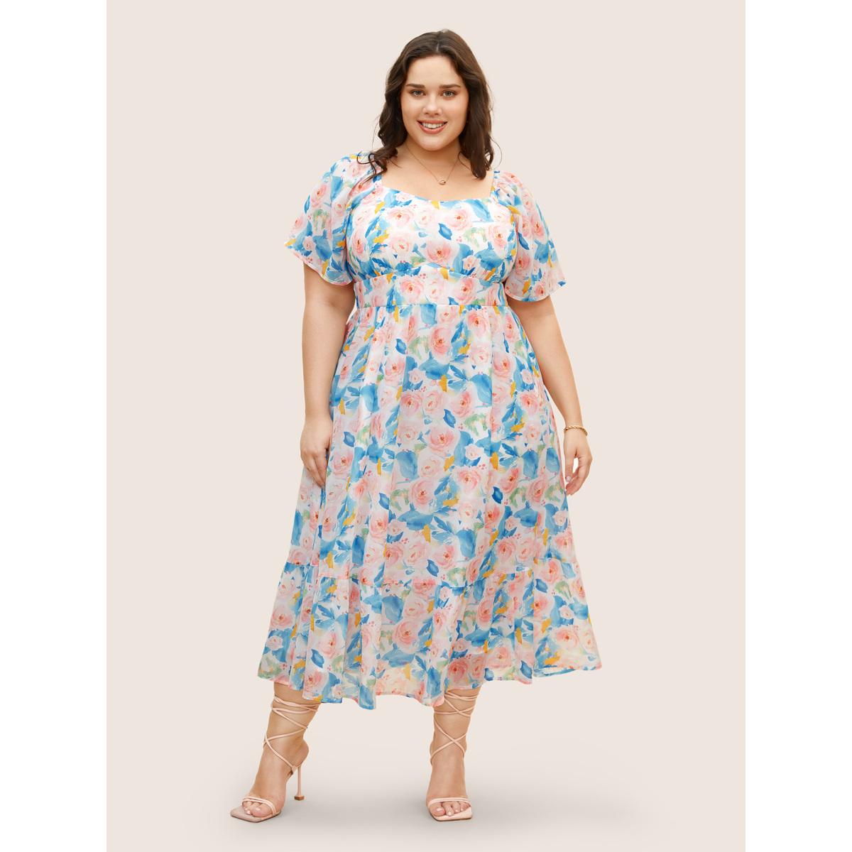 Plus Size Watercolor Floral Shirred Puff Sleeve Midi Dress Skyblue Women Elegant Shirred Heart neckline Short sleeve Curvy BloomChic 10/M Product Image