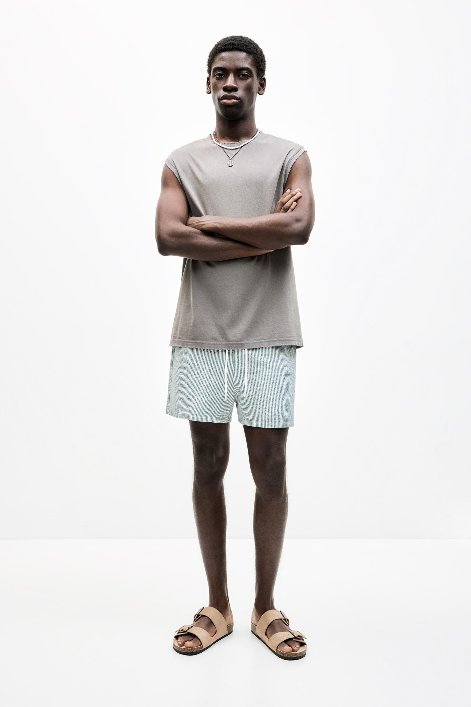 Striped seersucker swimming trunks Product Image