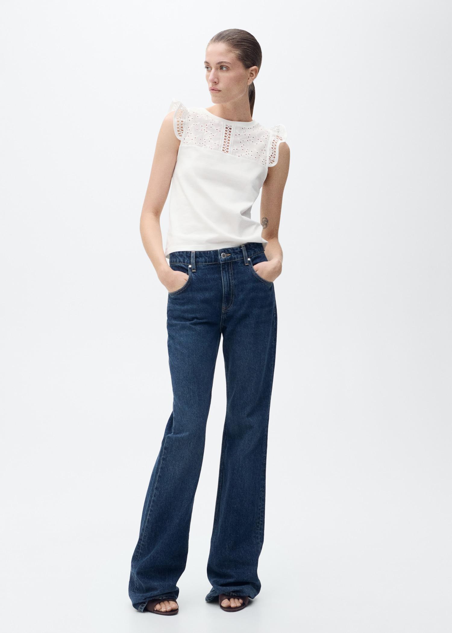 Cotton top with openwork neckline - Women | MANGO USA Product Image