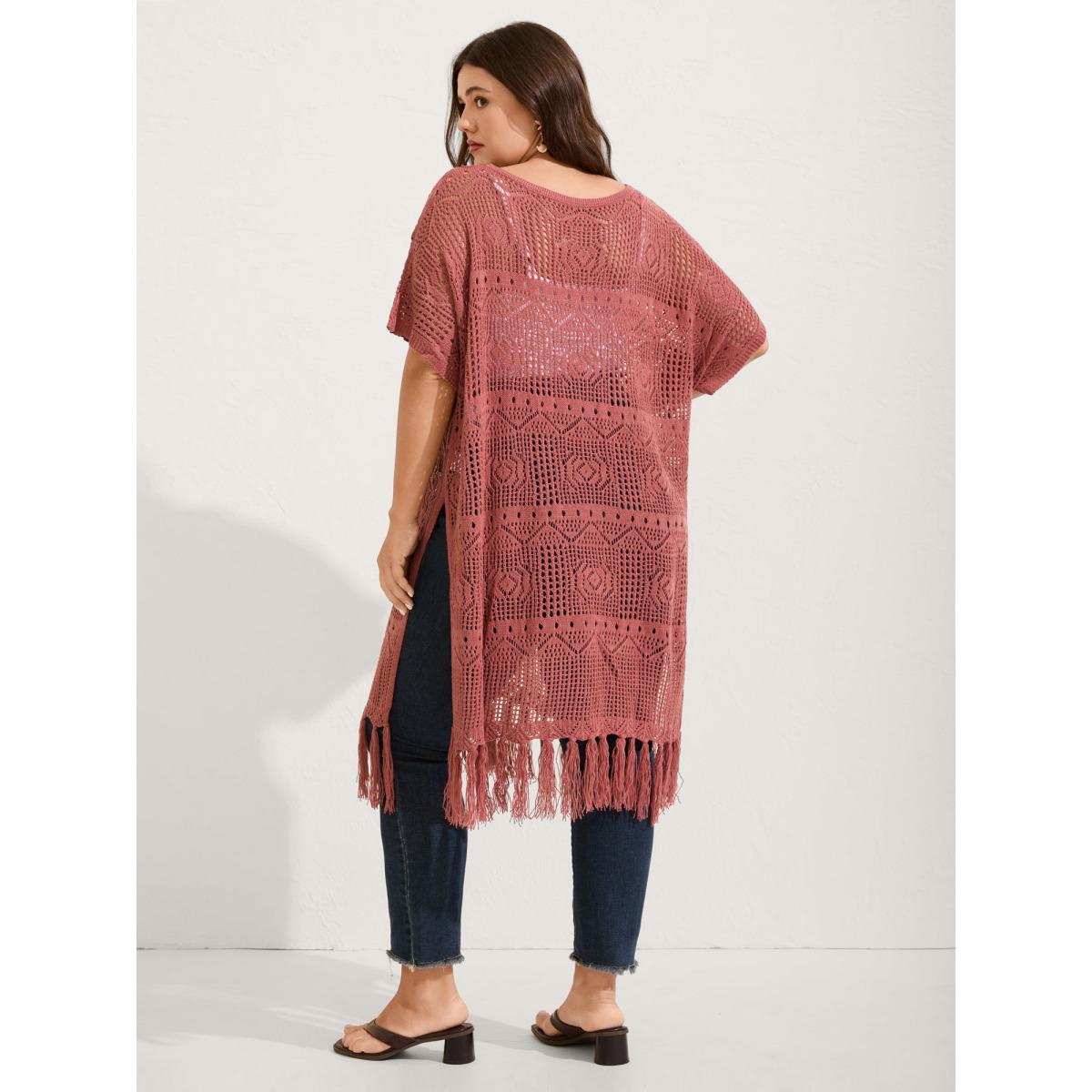 Plus Size Crochet Slit Tassels Swim Cover-Up Women's Swimwear Rust Beach Loose Texture Curve Swim Cover Ups BloomChic 18-20/2X Product Image