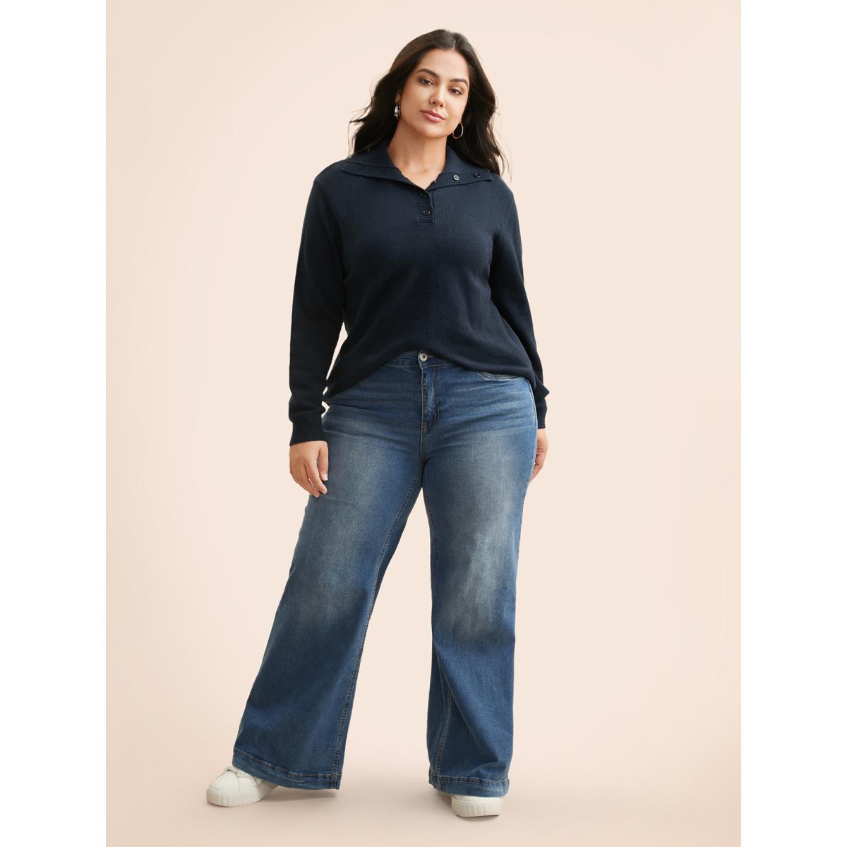 Plus Size Airy Cozy Lapel Collar Button Up Pullover Midnight Women Casual Long Sleeve Lapel Collar Everyday Pullovers BloomChic 14-16/1X Product Image