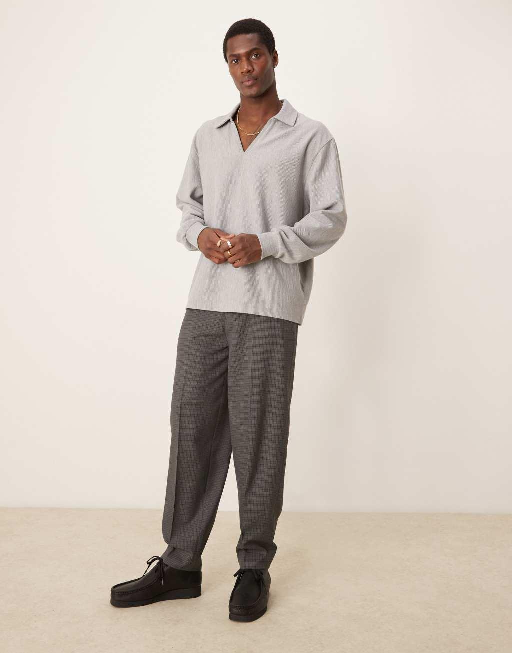 ASOS DESIGN oversized ribbed rugby polo shirt in heather gray Product Image