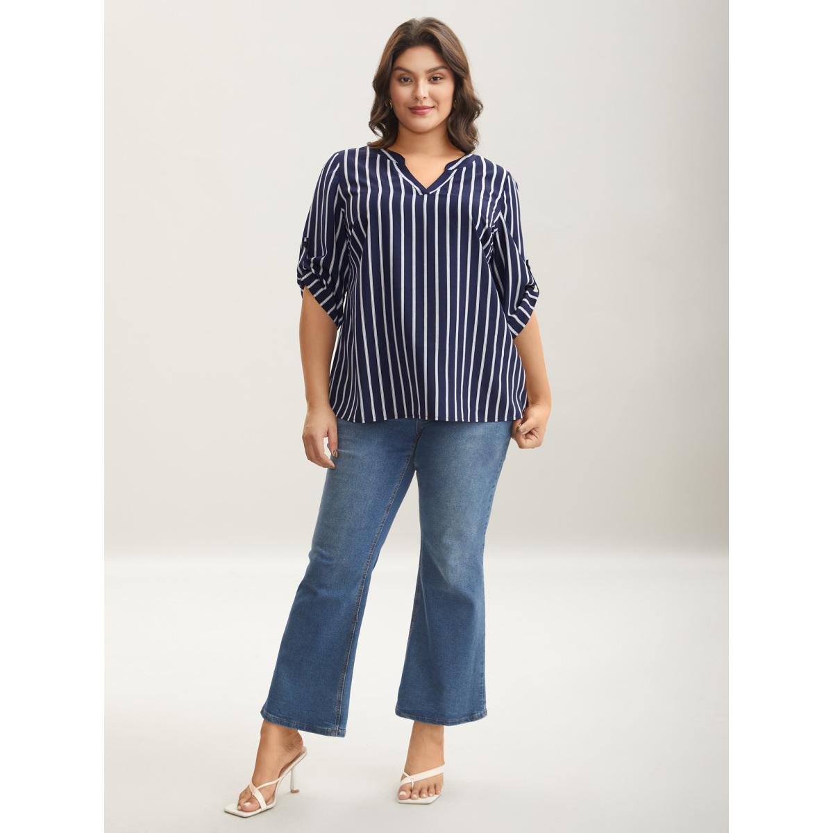 Plus Size Indigo Notched Collar Striped Tab Sleeve Shirt Women At the Office Elbow-length sleeve Notched collar Work Blouses BloomChic 26/4X Product Image