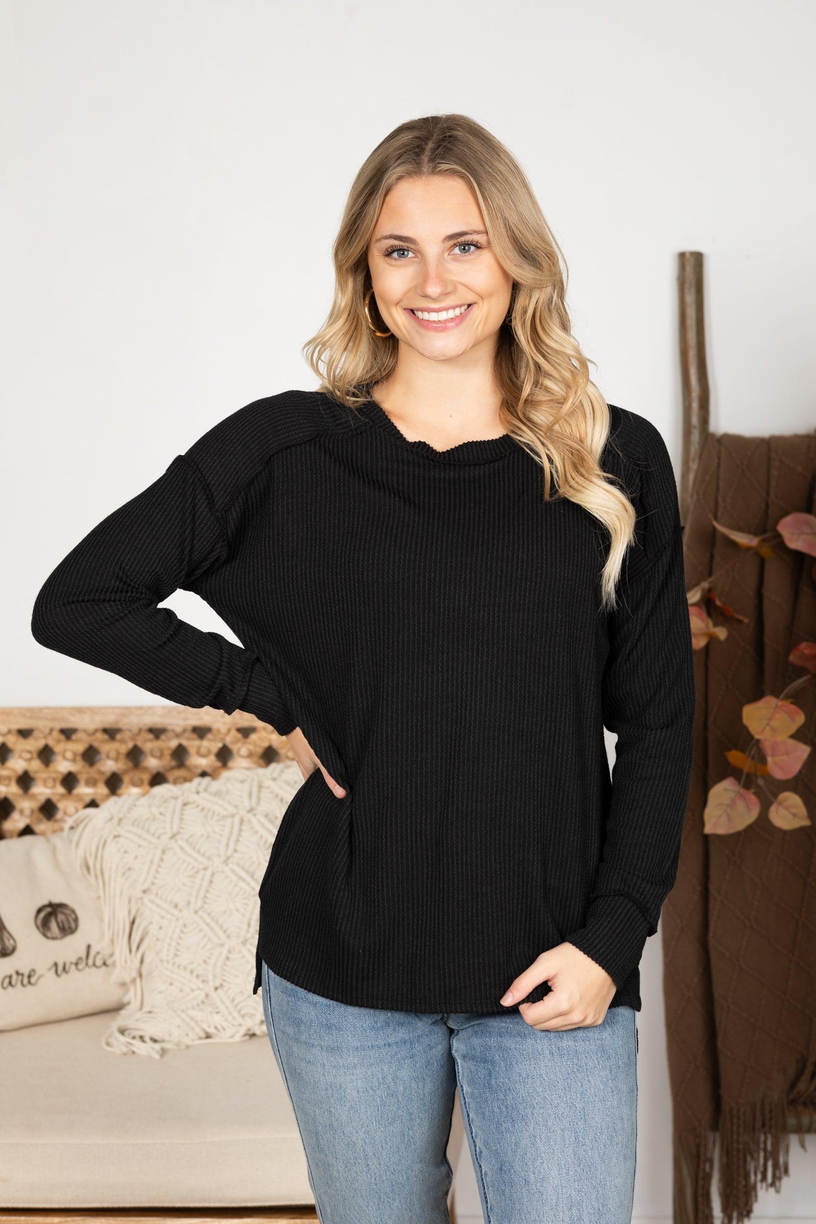 Ribbed Drop Shoulder Long Sleeve Knit Top Product Image