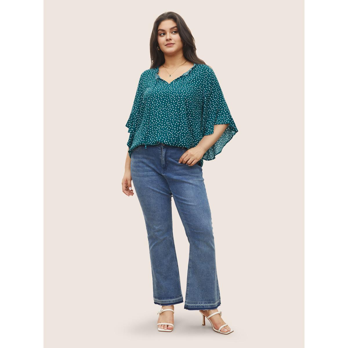 Plus Size Emerald Tie Neck Polka Dot Patchwork Ruffle Sleeve Blouse Women Elegant Half Sleeve V-neck Everyday Blouses BloomChic 12/L Product Image