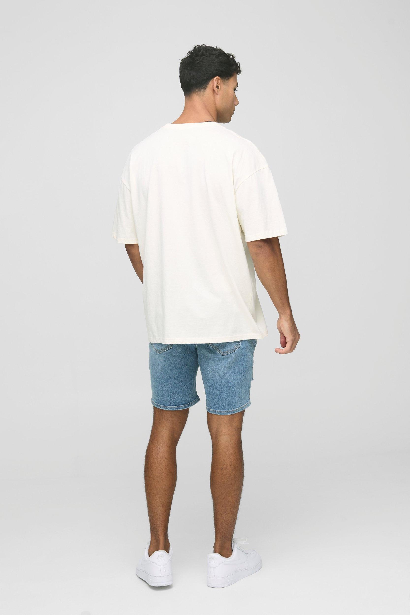 Skinny Fit Ripped Washed Light Blue Denim Shorts | boohooMAN USA Product Image
