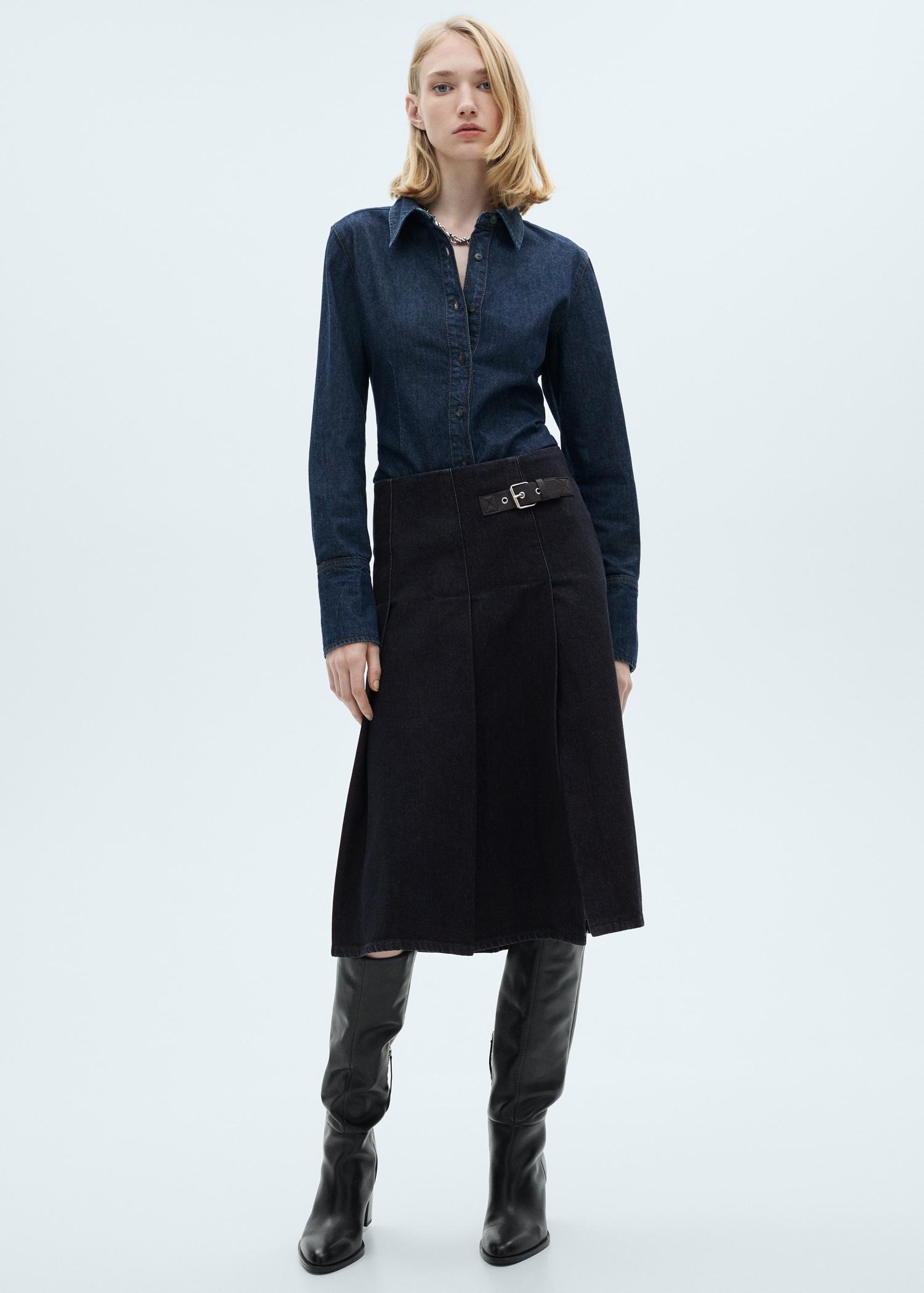 Rinse-wash midi-skirt with buckle - Women | MANGO USA Product Image