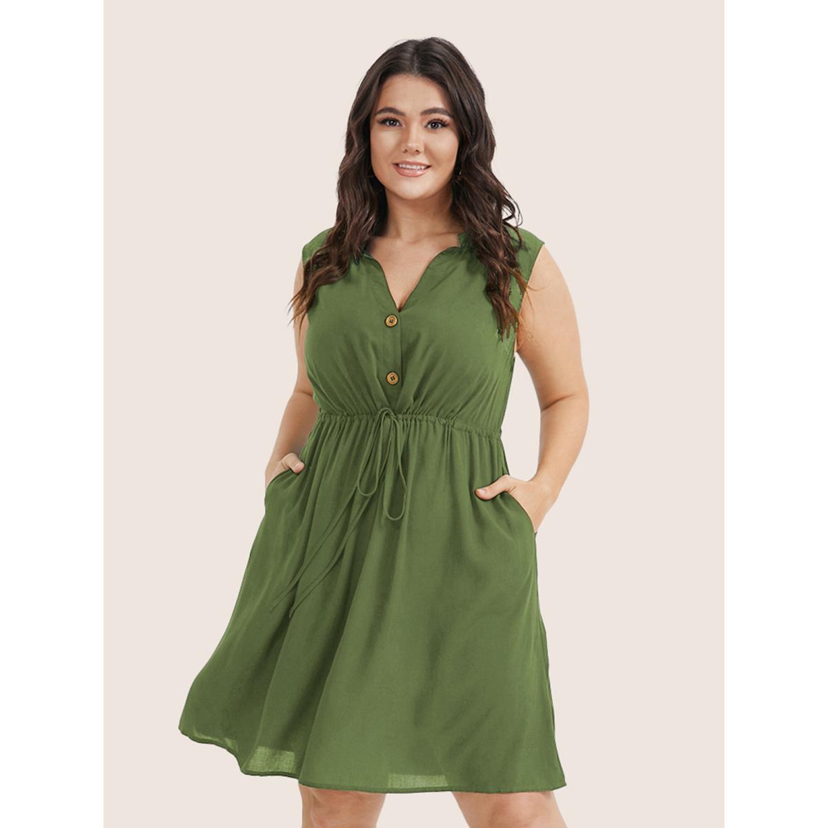 Plus Size Plain Ties Front Button Pocket V Neck Dress Moss Women Office Button V-neck Sleeveless Curvy Knee Dress BloomChic 28/5X Product Image